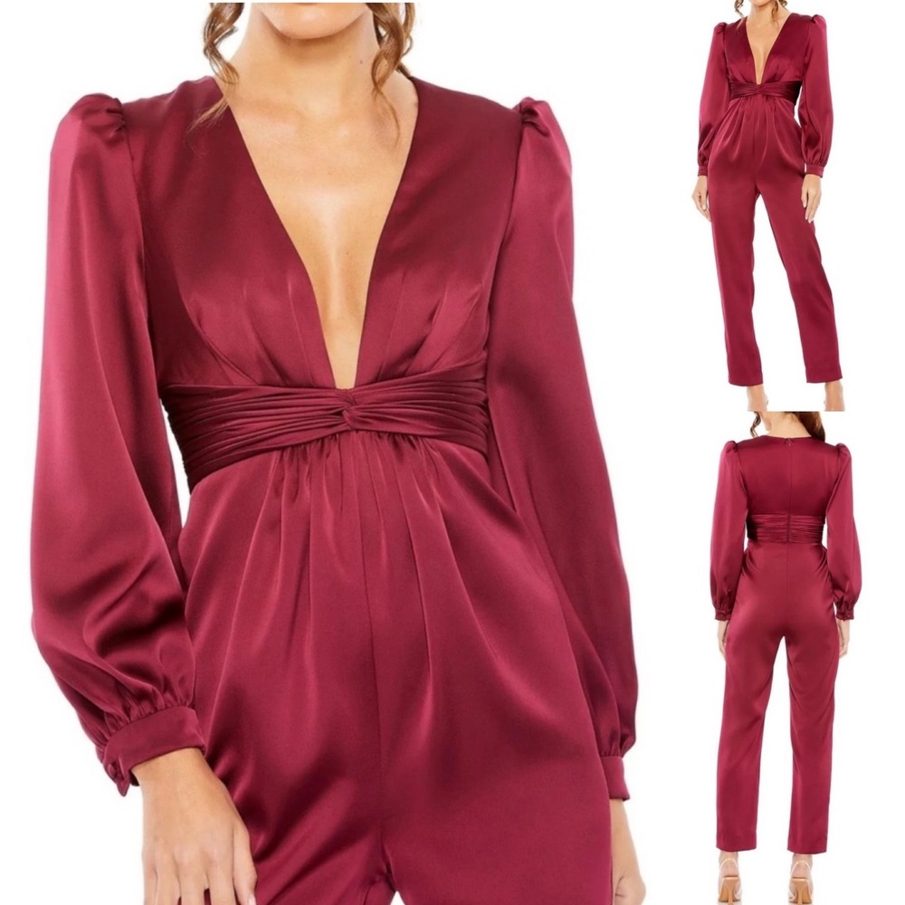 NWT Ieena Mac Duggal 2647 Ruby Satin Puff Sleeve V Neck Jumpsuit Size 4